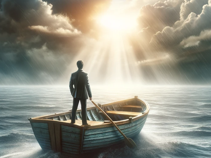 A serene yet dynamic image featuring a small, sturdy boat on a vast ocean. The sky is a mix of light and dark, symbolizing the mixed emotions of an ADHD diagnosis - with areas of bright light breaking through clouds, representing hope and clarity amidst uncertainty. The boat, occupied by a single individual, symbolizes the personal journey of navigating ADHD. The person is confidently steering, looking ahead with determination and a sense of discovery. The water around the boat is calm near the boat but gets slightly rougher in the distance, depicting the challenges and ups and downs of the journey. The horizon is visible, symbolizing the future and the new paths that open up with understanding one's ADHD. The overall tone of the image is uplifting, portraying a sense of empowerment and positivity in the face of challenges.