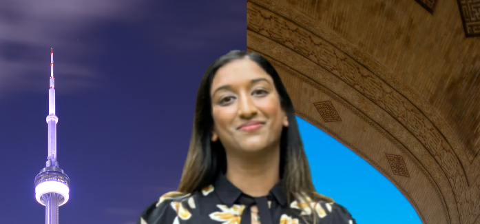 South Asian therapist standing between Toronto skyline and mosque architecture, symbolizing cultural identity and belonging across two worlds
